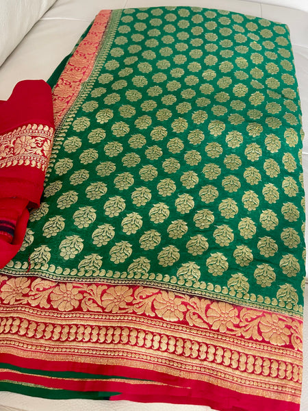 Green and Red Pure Khaddi Georgette Chiffon Silk Saree