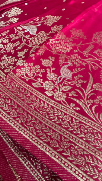Hot Pink Magenta Mashru Silk Saree with Dual Tone Threadwork