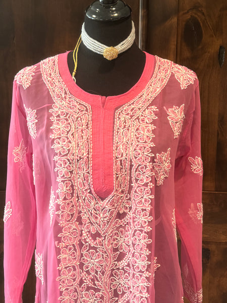 Pink Georgette Lucknowi Chikankari long Kurti