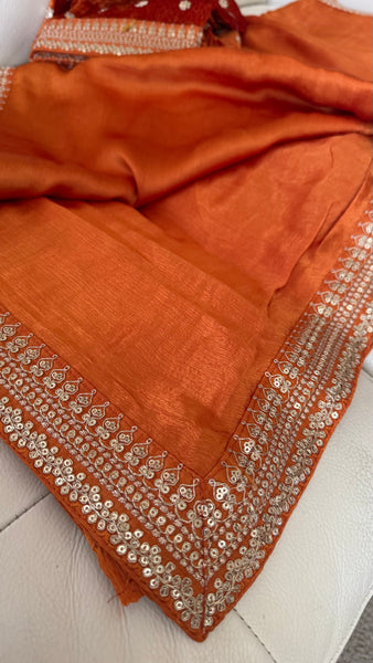 Orange Crepe Silk Saree with Zardosi Border