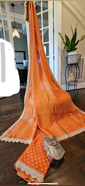 Orange and Gold Georgette chiffon scalloped border with weaving blouse