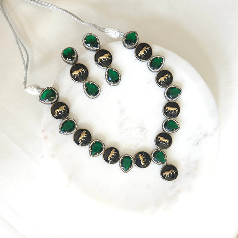 Sabyasachi inspired contemporary necklace set in Black and Green Stone