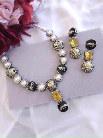 Sabyasachi inspired contemporary necklace set in Yellow and Black Stone