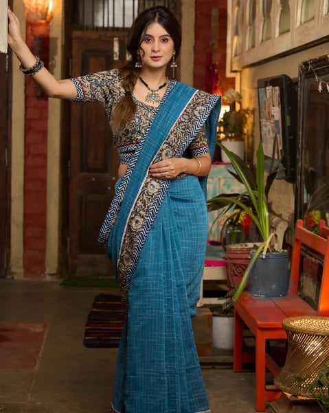 TEAL BLUE COTTON SAREE WITH KALAMKARI AND INDIGO BORDERS