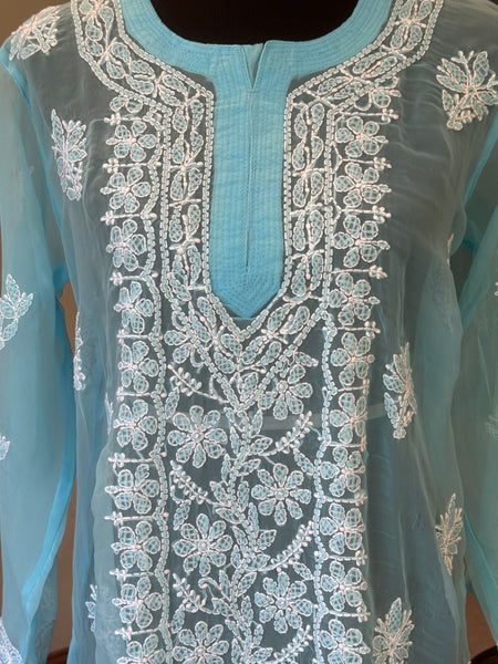Sky Blue Georgette Lucknowi Chikankari long Kurti