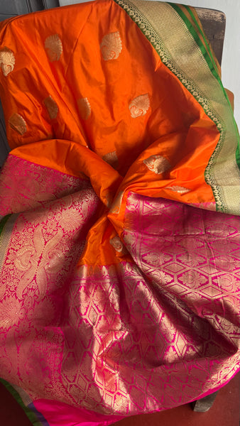 Pure Katan Silk Handloom Saree in Orange and Pink and Green