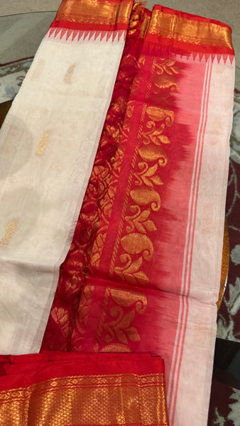 White and Red Cotton Gadwal Saree