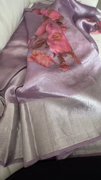 Pure Lavendar Tissue Silk Saree with Floral Applique Work