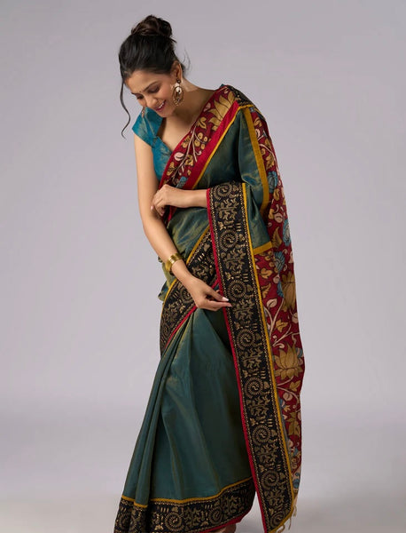 Iridescent Blue Green Shaded Tissue saree with Hand Painted Kalamkari pallu