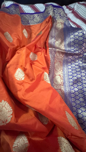 Pure Katan Silk Handloom Saree in Orange and Deep Purplish Blue