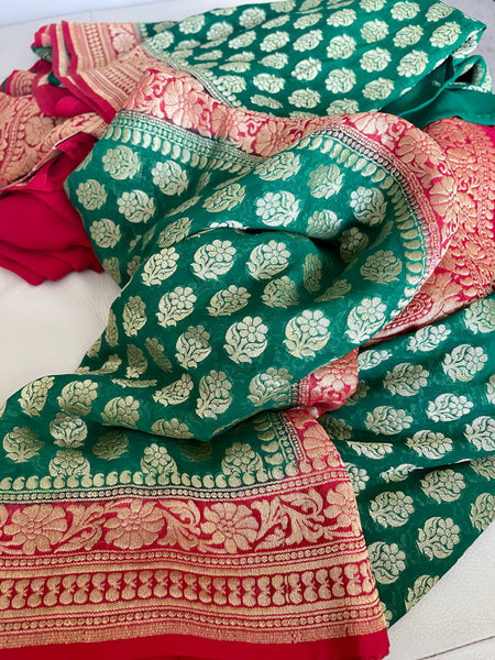 Green and Red Pure Khaddi Georgette Chiffon Silk Saree