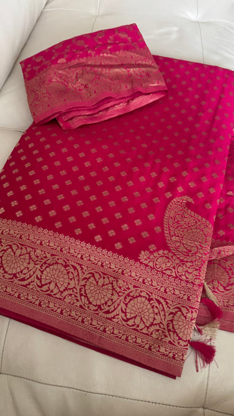 Rani Hot Pink Gold Khadi Banarasi Chiffon Georgette Saree