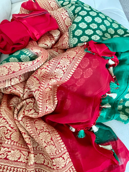 Green and Red Pure Khaddi Georgette Chiffon Silk Saree