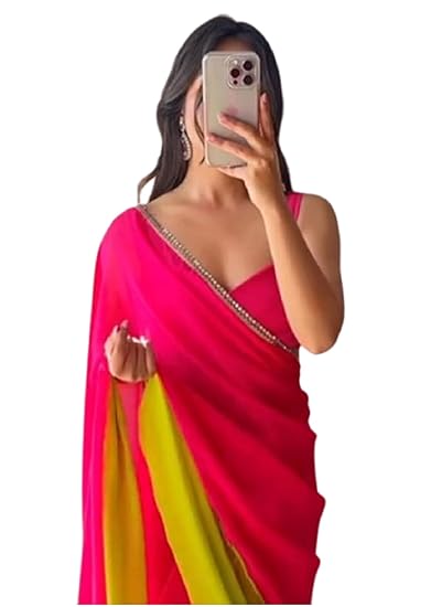 Pre-Stitched One Minute Ready to Wear Dark Pink And Lemon Green Georgette Saree