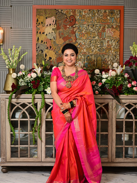 Iridescent Coral Pink Silk Saree