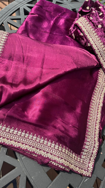 Magenta Wine Crepe Silk Sarees with Sabyasachi Border with Velvet Blouse
