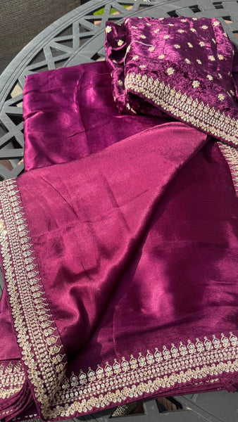Magenta Wine Crepe Silk Sarees with Sabyasachi Border with Velvet Blouse