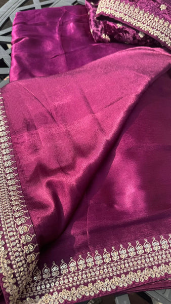Magenta Wine Crepe Silk Sarees with Sabyasachi Border with Velvet Blouse