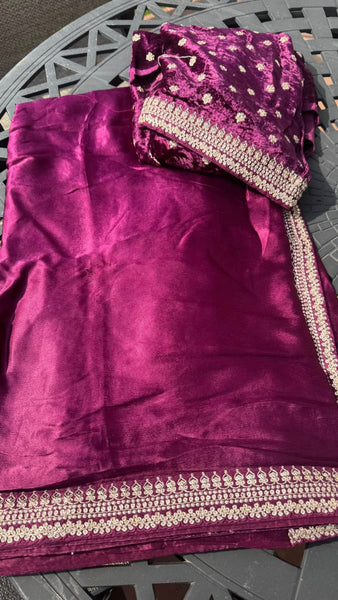 Magenta Wine Crepe Silk Sarees with Sabyasachi Border with Velvet Blouse