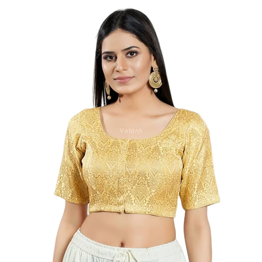 Women's Brocade Padded Front Open Elbow Sleeves Saree Blouse
