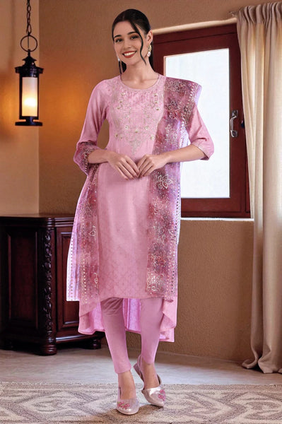Lavender Pink Embroidered Asymmetrical Kurta with Leggings & Dupatta Set