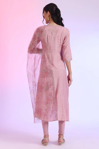 Lavender Pink Embroidered Asymmetrical Kurta with Leggings & Dupatta Set