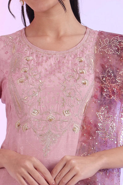 Lavender Pink Embroidered Asymmetrical Kurta with Leggings & Dupatta Set