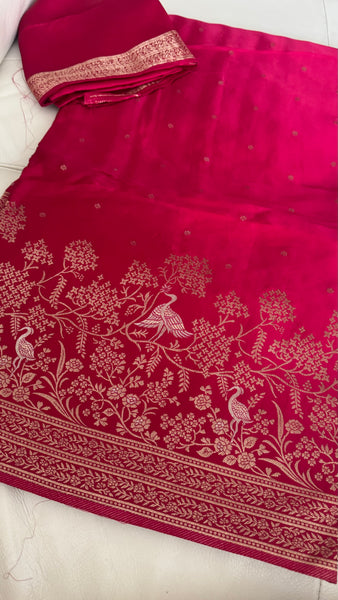 Hot Pink Magenta Mashru Silk Saree with Dual Tone Threadwork