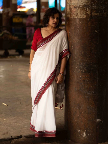 White Mul Cotton Saree with Ikat-Jamdani Border & Sparkling Mirror Lace Detailing