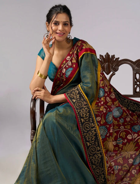 Iridescent Blue Green Shaded Tissue saree with Hand Painted Kalamkari pallu