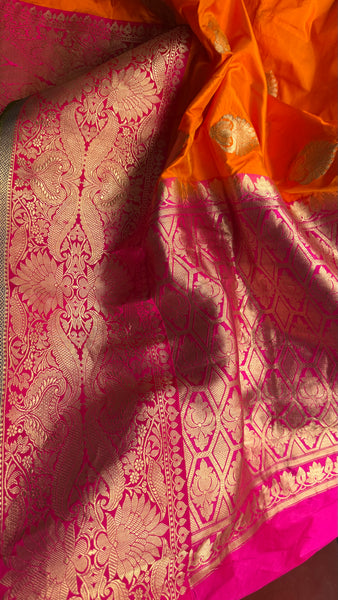 Pure Katan Silk Handloom Saree in Orange and Pink and Green