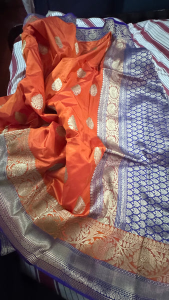 Pure Katan Silk Handloom Saree in Orange and Deep Purplish Blue