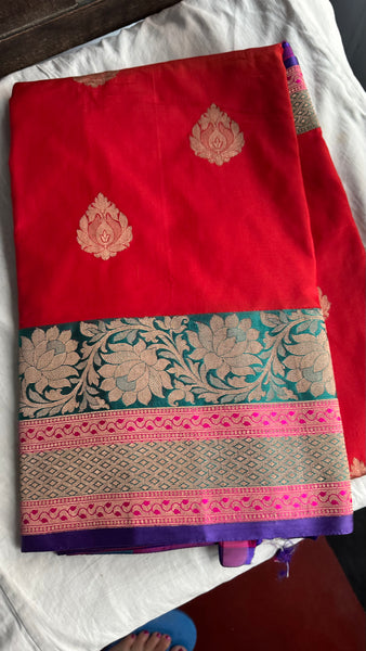 Tomato Red Soft Banarasi Pattu Katan Silk Saree with Zari weaves with Deep Navy Blue Border
