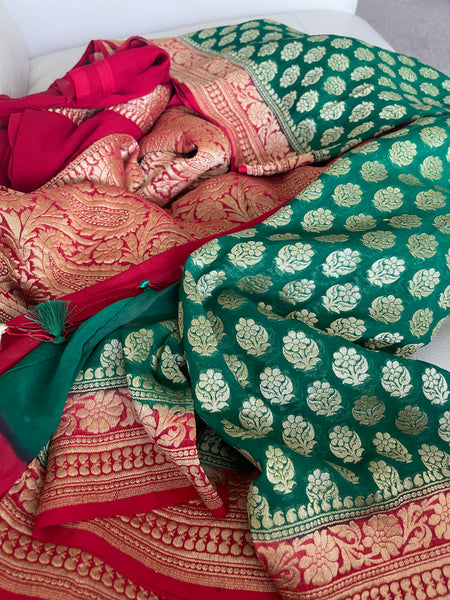 Green and Red Pure Khaddi Georgette Chiffon Silk Saree