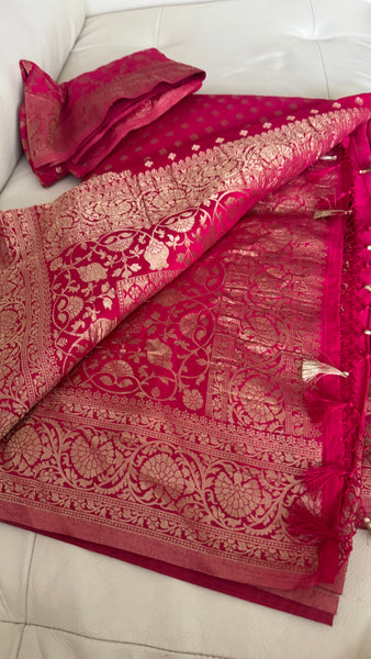 Rani Hot Pink Gold Khadi Banarasi Chiffon Georgette Saree