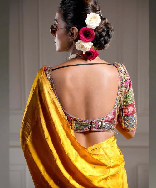 Yellow Gold Georgette Embroidered Blouse with Saree