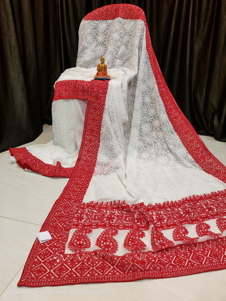 White and Red Pure Georgette Chiffon Chikankari Saree