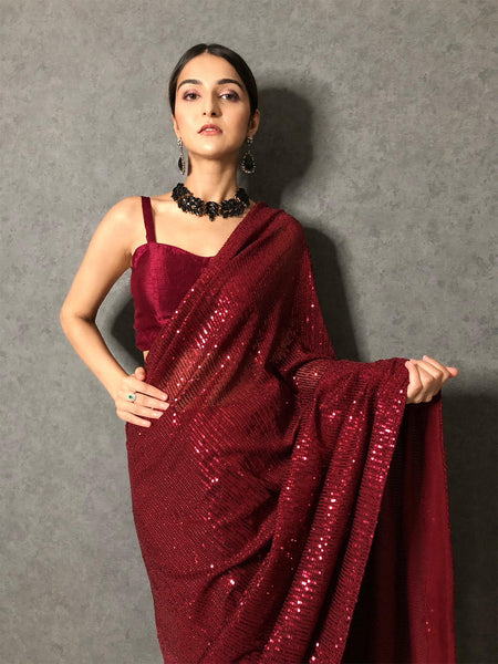 Maroon Sequin Saree with Lace Sequin border