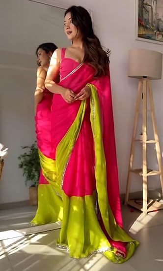 Pre-Stitched One Minute Ready to Wear Dark Pink And Lemon Green Georgette Saree