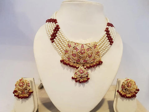 Navaratan Gold Plated Jaddau Necklace Set with Pearl White and Ruby Jadau