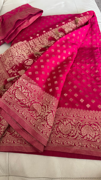 Rani Hot Pink Gold Khadi Banarasi Chiffon Georgette Saree