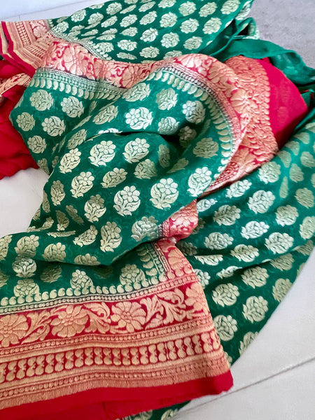 Green and Red Pure Khaddi Georgette Chiffon Silk Saree