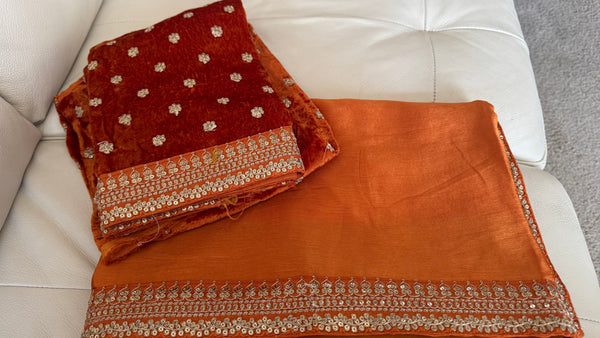 Orange Crepe Silk Saree with Zardosi Border