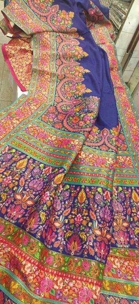 Navy Blue and Pink Kani Saree with Golden Zari