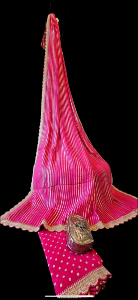 Hot Pink and Antique Gold Georgette chiffon scalloped border with weaving blouse