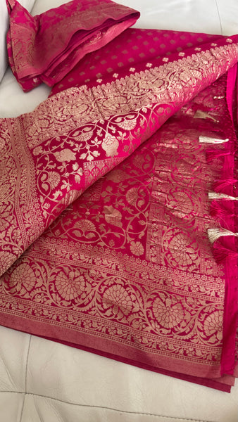 Rani Hot Pink Gold Khadi Banarasi Chiffon Georgette Saree