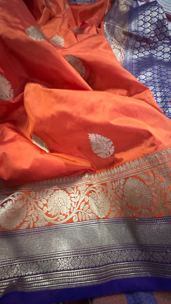 Pure Katan Silk Handloom Saree in Orange and Deep Purplish Blue