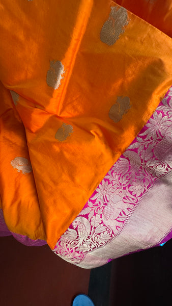 Pure Peacock Elephant Katan Silk Saree in Orange, Pink, and Magenta
