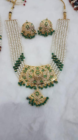 Navaratan Gold Plated Jaddau Necklace Set with Green and White Jadau