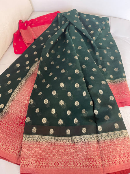 Forest Green and Red Georgette Chiffon Saree
